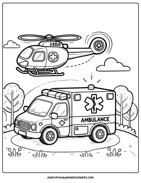 an ambulance on the ground and a medical helicopter flying above it! Ambulance Coloring Page, Ambulance Drawing, Cartoon Ambulance, Community Helpers Coloring Pages, Ambulance Cartoon, Lego Ambulance, Free Preschool Worksheets, Coloring Sheets For Kids, Community Helpers