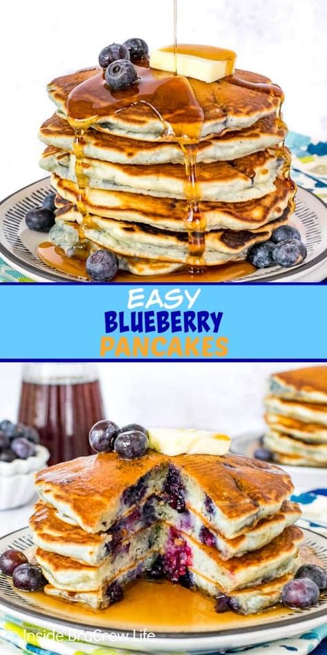 Easy Blueberry Pancakes - these homemade pancakes have crisp edges, fluffy centers, and lots of juicy blueberries inside. Make this easy recipe for breakfast or brunch. Bisquick Blueberry Pancakes, Edges Fluffy, Blueberry Pancakes Easy, Homemade Blueberry Pancakes, Homemade Breakfast Recipes, Pancake Mix Recipe, Blueberry Pancakes Recipe, Freeze Pancakes, Pancakes For Breakfast