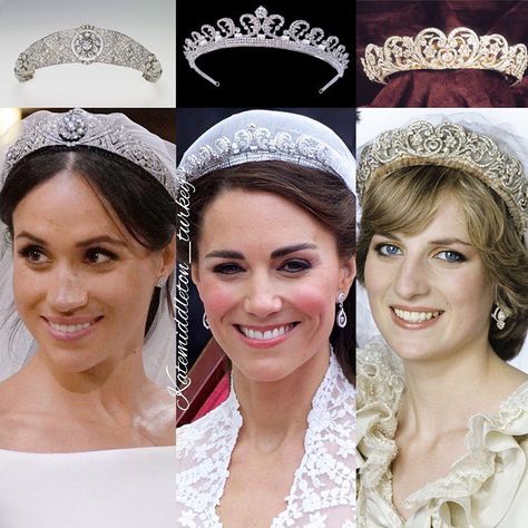 Wedding tiaras❤️ Duchess of Sussex with Queen Mary’s diamond bandeau tiara,Princess Diana with the Spencer tiara and Duchess of Cambridge… Düşes Kate, Middleton Wedding, Royal Crown Jewels, Prins William, Royal Family Pictures, Prins Harry, Princess Meghan, Princess Diana Family, Royal Crowns