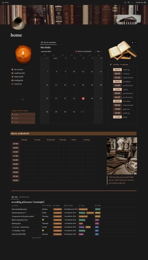 Free Notion Templates Notion Schedule, Notion Ipad, Dark Academia Notion Template, Dark Academia Student, Notion School Planner, Dark Academia Notion, College Notion, Notion Academic, Notion 2024