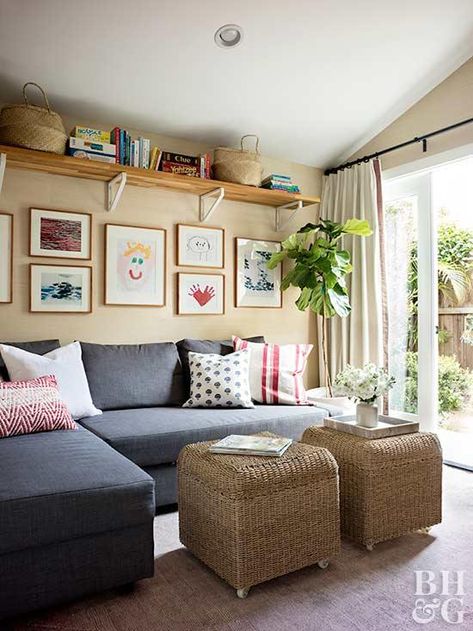 This California Bungalow Home Stays Cool in 550 Square Feet | Better Homes & Gardens High Up Shelves, High Shelves Around The Room, Shelves Near Ceiling, Shelves Along Ceiling, High Shelf Decorating Ideas Bedroom, Shelf Around Room Ceiling, Living Room Shelves Wall Shelves, High Ceiling Living Room Shelves, High Shelf Around Room