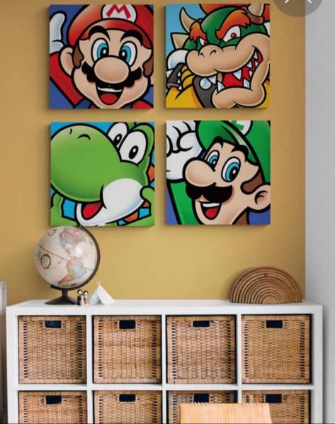 Mario And Luigi Canvas Painting, Video Game Painting Canvas, Lego Canvas Painting, Super Mario Wall Art, Mario And Luigi Painting, Mario Bros Painting, Mario Canvas Painting, Super Mario Bedroom, Mario Mural