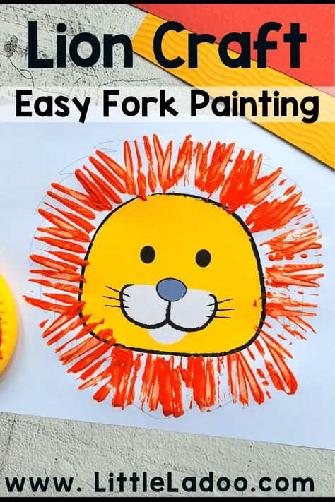 Fork-Painted Lion Craft - Little Ladoo Fork Lion Craft, Daniel In The Lions Den Craft Activities, Lion Craft Kindergarten, Lion Fork Painting Craft, Lion And Lamb Crafts For Kids, Lion And The Mouse Craft, The Lion And The Mouse Activities Preschool, Lion Craft For Preschool, L Is For Lion Craft