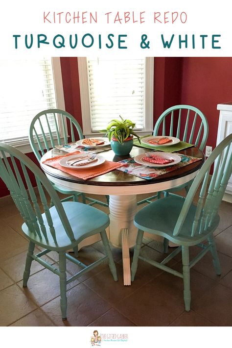 This turquoise and white kitchen table brings a little DIY inspiration for that teal or turquoise kitchen table you have been thinking of! This family downsized from a larger rectangular table to a smaller round table to go along with some interior design changes. This small painted table and chairs combine three different paint colors for a modern vibe that lends itself well to fun and casual decor. #kitchen #table #diy #turquoise #paint  via @thegiftedgabber Round Kitchen Table And Chairs, Recycled Chair, Turquoise Kitchen Decor, Painted Kitchen Tables, Table Redo, White Kitchen Table, Diy Kitchen Table, Round Table And Chairs, Kitchen Table Makeover