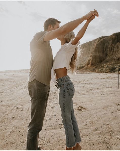 Golden Hour Beach Couple Photoshoot, Beach Themed Engagement Photos, White Shirt Blue Jeans Couple Photoshoot Beach, Lake Beach Pictures, Casual Beach Engagement Photos Outfit, La Jolla Engagement Photos, Barefoot Engagement Photos, Beach Engagement Photos Casual, Boho Beach Engagement Photos