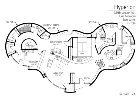 Hyperion: A 30', 40' and 30' Diameter Domed, 2,668 SF, One-Bedroom, One and a Half-Bath Floor Plan Underground Homes Plans, Cob House Plans, Hobbit Homes, Monolithic Dome Homes, Round House Plans, Hobbit Houses, Silo House, Geodesic Dome Homes, Unique Floor Plans