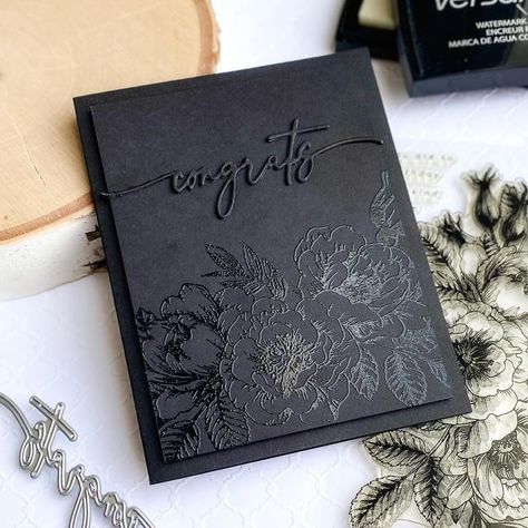 Colleen Beamish on Instagram: "I recently received a request for a “goth engagement card.” Here is the result! I love the clean and simple elegance of this totally black card. #handmadecard #cardmaker #cardmaking #papercrafting #heatembossing #diecutting #simonsaysstamp #thegreetery" Goth Engagement, Black Christmas Cards, Floral Cards Design, Engagement Card, Elegant Cards, Embossed Cards, Beautiful Handmade Cards, Black Card, Engagement Cards