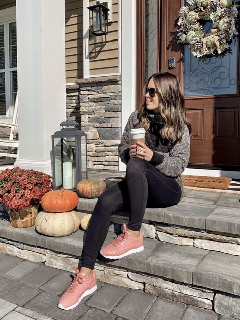 Cute Fall athleisure outfit | The CUTEST Pink Sneakers Outfit With Pink Sneakers, Rose Sneakers Outfit, Pink Athletic Fit Sneakers For Athleisure, Pink Shoes Outfit Ideas, Light Pink Sneakers Outfit, Pink Breathable Sneakers For Athleisure, Sporty Pink Sneakers For Workout, Casual Pink Sneakers For Fall, Outfits With Pink Shoes