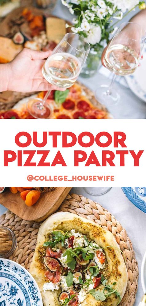 This easy outdoor pizza party is a cinch to throw together and great for a backyard party during summer! Set up a simple pizza making station equipped with sauces, toppings, and pizza dough. Fire up your outdoor pizza oven (or just use a bunch of baking sheets in the oven!) and create a casual table set up with lots of wine and appetizers! I've got all the inspiration you need here! Homemade Pizza Party, Pizza Bar Party, Outdoor Pizza Party, Outdoor Pizza Oven Recipes, Pizza Party Ideas, Backyard Pizza Party, Pizza Dinner Party, Simple Pizza, Ooni Pizza