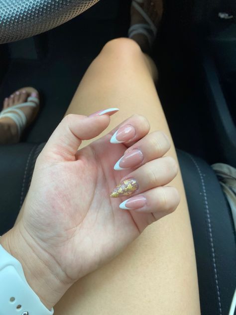 French Tip With Gold Flakes, French Tip With Gold, Almond French Tip, Gold Flakes, Heart Ring, Almond, Nail Designs, Nails, Gold