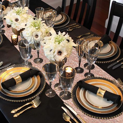 Amazon.com: HOMIX 4 Pieces Tablecloth and Sequin Table Runner Black and Rose Gold Polka Dots Confetti Table Cover Glitter Decorations for Birthday Wedding Anniversary Party Supplies (2 Sets) : Home & Kitchen Black And Rose Gold Dinner Table Setting, Rose Gold Black And Silver Decorations, Rose Gold And Black Decor, Black Gold And Pink Party Decoration, Gold And Black Table Decor, Rose Gold And Black Party Theme, Black And Gold Table Decorations, Black And Gold Tablescape, Rose Gold Table Setting