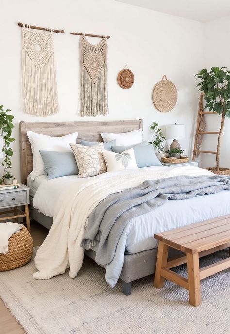 Light Blue Boho Bedroom Light Blue And Tan Bedroom, Blue And Brown Room Aesthetic, Blue And White Boho Bedroom, Blue Bedroom With Plants, Boho Bedroom Teal, Light Blue And Beige Bedroom, Light Blue Guest Bedroom, Light Blue And Gray Bedroom, Baby Blue Bedroom Aesthetic