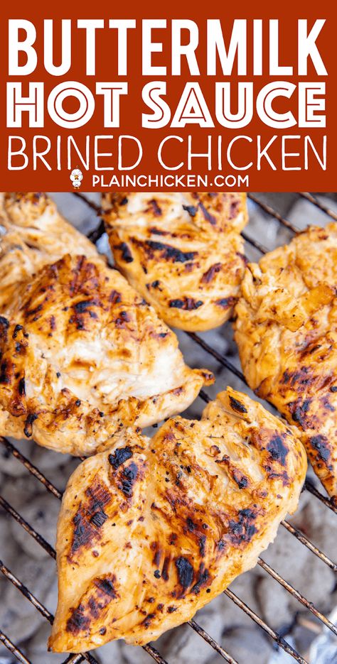 Buttermilk Hot Sauce Brined Chicken - seriously the most tender and juicy chicken we've ever made!!! Chicken marinaded overnight in buttermilk, water, salt, pepper, garlic, lime, brown sugar and hot sauce. Brush the chicken with some BBQ sauce before taking off the grill. We LOVED this chicken! We always double the recipe and never have leftovers! YUM! #chicken #grill #grilledchicken #marinade Buttermilk Chicken Marinade, Mushroom Sauce For Chicken, Hot Sauce Chicken, Chicken On The Grill, Brined Chicken, Chicken Grill, Barbecue Food, Brine Chicken, Buttermilk Chicken