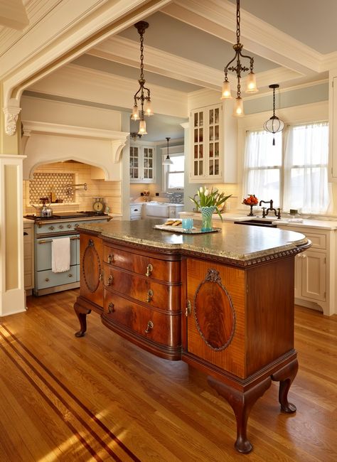 Kitchen island from a repurposed antique sideboard Recipe Shelf In Kitchen, Antique Kitchen Island, Ceiling Color, French Cabinet, Beautiful Antiques, Space Lighting, Country Kitchen Designs, Kabinet Dapur, French Country Kitchens