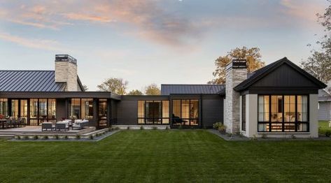 Cedar Cladding, Prairie Style Houses, Organic Elements, Modern Ranch, Modern Barn, Black House Exterior, Prairie Style, Patio Stones, North Dakota