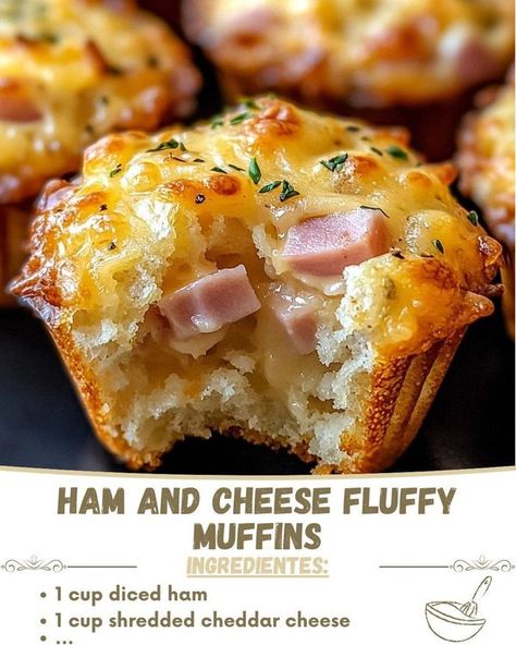 Elina Wilson Fluffy Muffins, Shredded Cheddar Cheese, Cheese Muffins, Ham And Cheese, Breakfast In Bed, Muffin Recipes, Cheddar Cheese, 1 Cup, Baking Powder