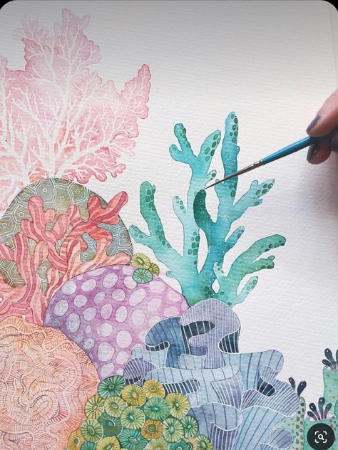 Coral Reef Watercolor Easy, Drawing Of Coral Reef, Natural Texture Drawing, Simple Watercolor Art Inspiration, Sea Coral Painting, Ocean Life Watercolor, Underwater Watercolor Painting Easy, Coral Watercolor Painting, Watercolor Art Sea Animals