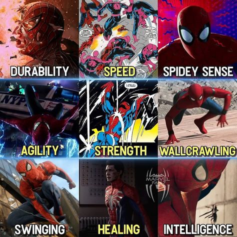 Spider-Man on Instagram: “These are just some of the most significant Spider-Man abilities, which ability is the most useful? - - - #spiderman #powers #peterparker…” Spiderman Powers, Movie Instagram Story, Spider Powers, Marvel Spiderman Comic, Birthday Scrapbook Layouts, Spiderman Birthday Invitations, Spiderman Man, Spiderman Images, Spiderman Characters