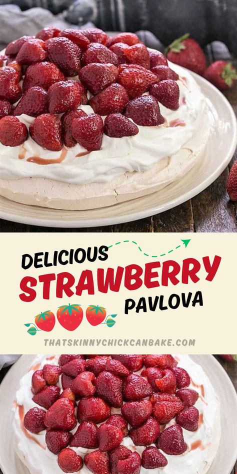 Strawberry Pavlova - A melt in your mouth vanilla meringue is topped with sweetened whipped cream and fresh strawberries for the epitome of summer desserts!!! Strawberry Pavlova, Pavlova Dessert, Strawberry Meringue, Pavlova Cake, Fabulous Cakes, Pavlova Recipe, Low Carb Muffins, Recipe Video, Food Videos Desserts