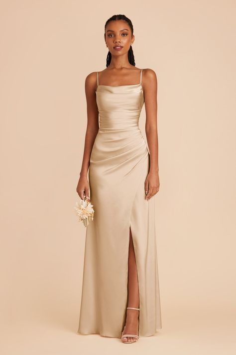 Lydia Gold Cowl Neck Matte Satin Bridesmaid Dress | Birdy Grey Maid Of Honor Dress Beach Wedding, Metallic Champagne Dress, Cream Silk Bridesmaid Dresses, Pale Gold Dress, Tan Maid Of Honor Dress, Eggshell Bridesmaid Dresses, Champagne Silk Dress Bridesmaid, Champagne Long Dresses, Satin Dress Creme