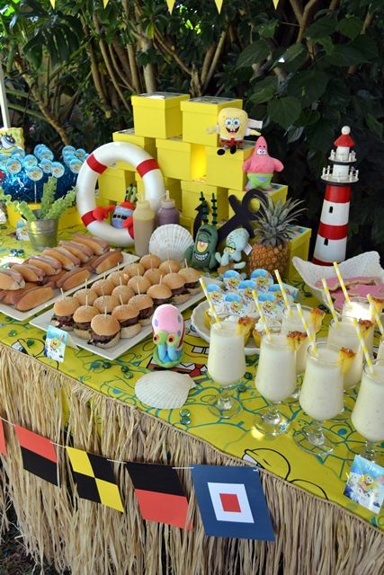 Spongebob Squarepants Party, Spongebob Birthday Party Decorations, Spongebob Birthday Cake, Sponge Bob Party, Spongebob Theme, Treats Table, Birthday Party Drinks, 25th Birthday Party, 25th Birthday Cakes