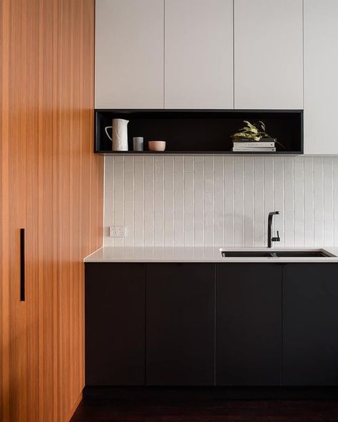 Red Lily Renovations on Instagram: “Beautifully simple kitchen” Grey Splashback, Vertical Tile, Black And White Cabinets, Splashback Kitchen, White Kitchen Splashback, Living Dining Kitchen, Kitchen Splashback Tiles, White Subway Tiles, Splashback Tiles