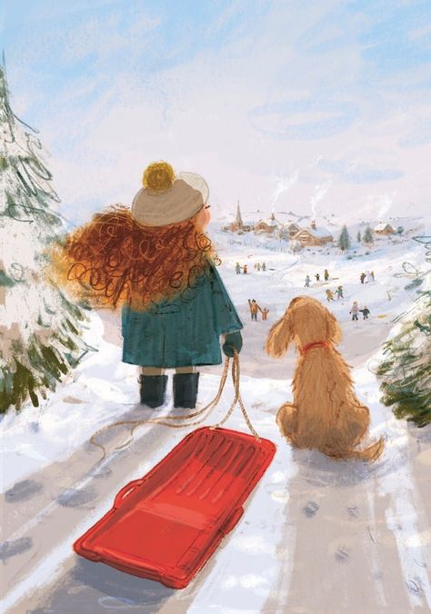 Hoping for lots of snow this year so we can go sledding! Illustration by #BrightArtist @victoriaball_ | Represented by #BrightAgent… | Instagram Sledding Illustration, Sled Illustration, Books Drawing, Mother Mary Pictures, Snow Illustration, Mary Pictures, Magic Books, English Teaching, Dog Sledding