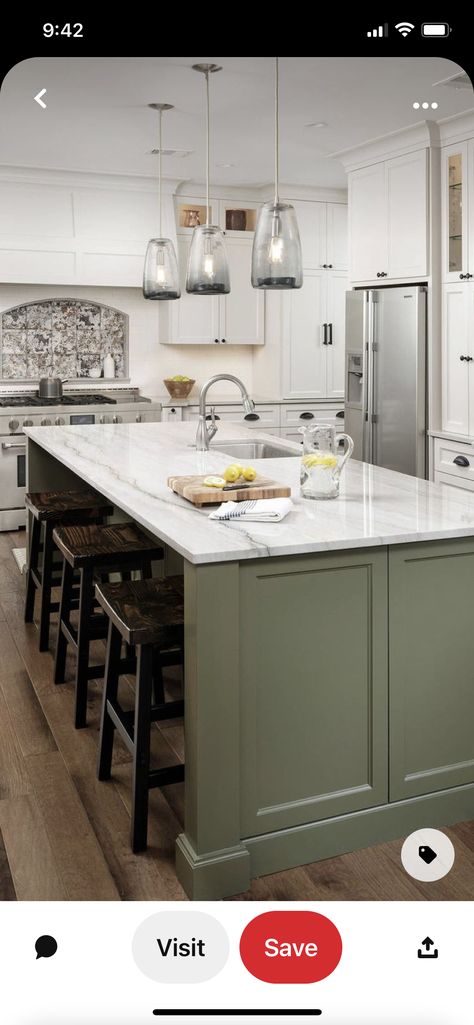 Olive Kitchen Island, Kitchen Island Green, High Gloss Kitchen Cabinets, Olive Kitchen, Green Kitchen Walls, Olive Green Kitchen, Green Kitchen Island, Green Kitchen Designs, Simple Kitchen Remodel