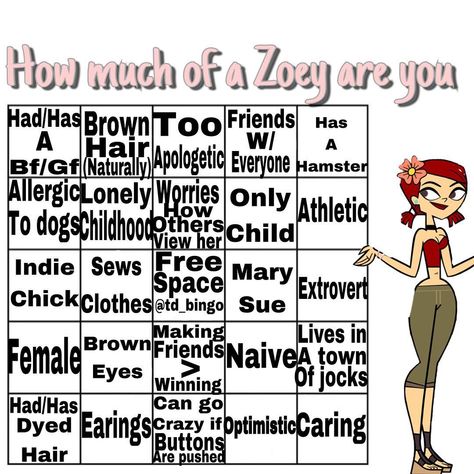 Zoey bingo!!! Requested b Total Drama Bingo Template, Total Drama Kinnie Bingo, Total Drama Bingo, Alright Campers, Kinnie Bingo, Bingo Template, Girly Pop, Mary Sue, Disventure Camp