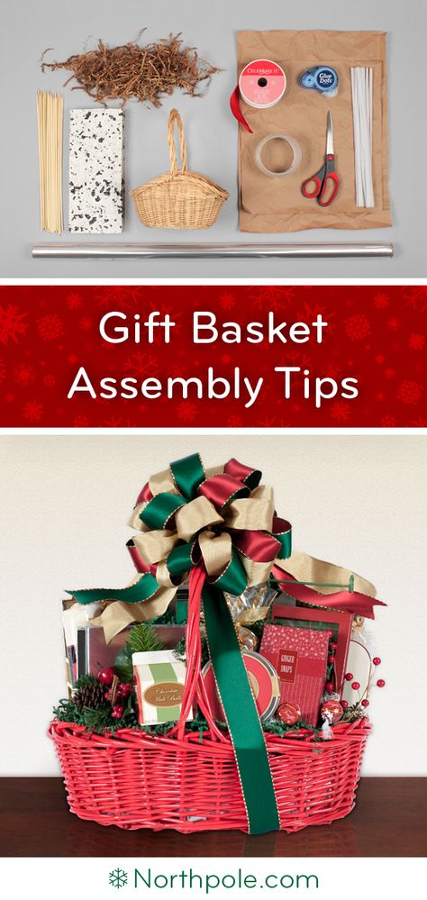 Gift Basket Assembly Tips • Northpole.com Craft Cottage Gift Basket Arrangements Ideas, Assembling Gift Baskets, Gift Basket Presentation Ideas, Christmas Gift Basket Wrapping Ideas, How To Make A Gift Basket Look Full, Make A Christmas Basket, How To Pack A Gift Basket, Arts And Crafts Gift Basket, How To Make A Gift Basket Look Nice