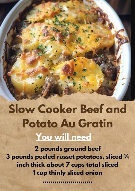 Chilly Mealy Crockpot Meatloaf And Potatoes, Slow Cooker Beef And Potato Au Gratin, Hamburg Crockpot Recipes, Beef And Potato Au Gratin, Ground Beef Crockpot Recipes, Potato Au Gratin, Crockpot Meatloaf, Slow Cooker Ground Beef, Slow Cooker Bacon