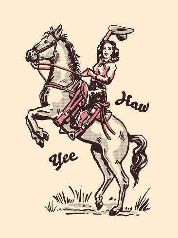 size: 12x9in Art Print: Vintage Cowgirl II by Victoria Barnes : Cowgirl Art Aesthetic, Vintage Cowgirl Aesthetic, Vintage Cowgirl Art, Cowgirl Graphic, Cowgirl Poster, 50s Art, Western Prints, Western Artwork, Pin Up Posters