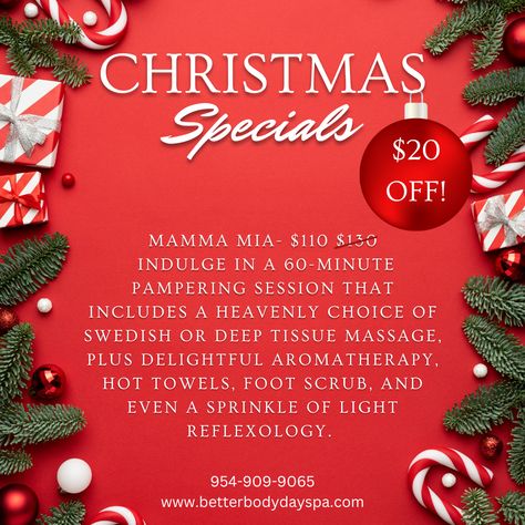 Christmas Specials you don't want to miss! Our Mamma Mia massage is on sale right now for only $110! Give us a call at 954-909-9065! We also offer gift certificates! #christmas #specials #spa Massage Business Ideas, Christmas Specials, Spa Marketing, Massage Business, Better Body, Body Spa, Spa Massage, Gift Certificates, Christmas Special