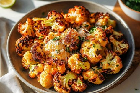 Crispy Parmesan Roasted Cauliflower Recipe 3 Roasted Cauliflower Recipe, Parmesan Roasted Cauliflower, Cheap Family Meals, Roasted Cauliflower Recipes, Easy Thanksgiving Recipes, Cauliflower Recipe, Easy Side Dish, Veggie Side Dishes, Dessert Appetizers