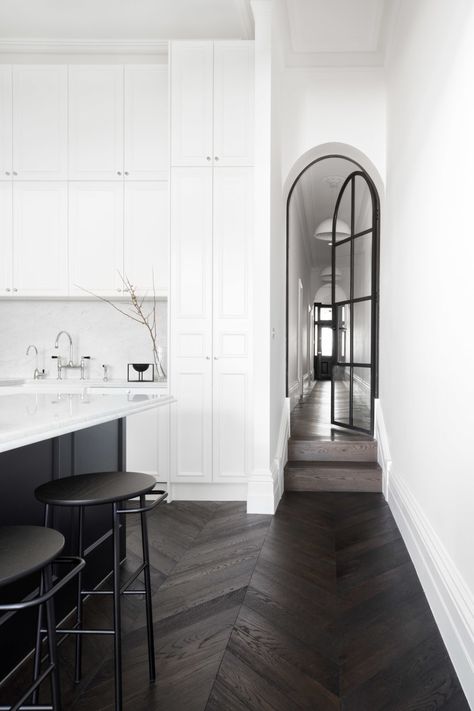 Photo 7 of 8 in Prahran Residence by Biasol - Dwell Hardwood Floors Dark, Inspiration Kitchen, Dark Wood Floors, Classic Kitchen, Contemporary Kitchen Design, Wood Flooring, White Cabinets, Kitchen Layout, Design Living