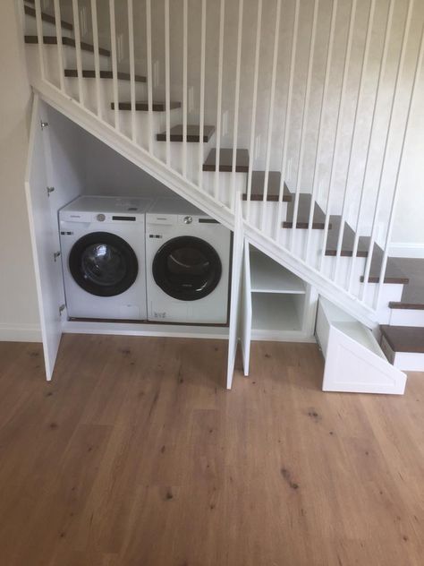 Staircase Utility Room, Under Stairs Laundry Room Storage, Washing Machine Under Stairs, Under Stairs Utility Room, Washer Dryer Under Stairs, Laundry Under Stairs, Laundry Under Staircase, Under Stairs Laundry Room, Under Staircase Ideas