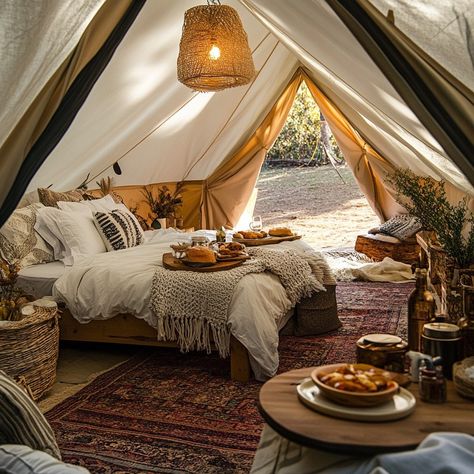 🌿✨ Cozy Comfort Meets Luxurious Living ✨🌄 Step into your glamping paradise, where every detail is designed for relaxation and indulgence: 🛏️ Plush Bedding: Sink into soft layers of comfort after a day of adventure. 🥐 Breakfast-in-Tent: Enjoy fresh pastries and coffee from the warmth of your tent—no rush, just bliss. 🌱 Eco-Friendly Decor: Thoughtfully crafted interiors blending luxury with sustainability, for a stay that’s as kind to the planet as it is to your senses. Here, nature meets el... Glamping Tent Interior Ideas, Tent Set Up Ideas Inside, Glamping Yurt, Glamping Aesthetic, Glamping Inspiration, Bell Tent Glamping, Glam Camping, Fresh Pastries, Tent Living