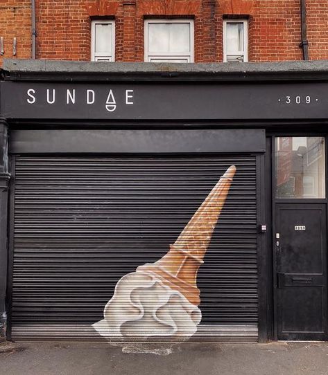 Angela Coomey on Instagram: ". .. Sundae .. .Love this shutter art - I’m not sure the 5 second rule applies to ice cream though. It may be the end of summer but I can eat ice cream in any weather. My favourite flavours are salted caramel, pistachio or coffee and least favourite - mint. What’s your flavour?🍦 . . . . . #sundaegelato #icecreamshop #storetraits #storefront #facadelover #bbcbritain #britishsnaps#ig_england #capturingbritain #britishsnaps #loves_europe #ig_england#shutterart #shar Ice Cream Shop Names, Shutter Art, 5 Second Rule, Ice Cream Business, Selfie Wall, Bakery Design Interior, Gelato Shop, Cafe Shop Design, Ice Cream Parlor