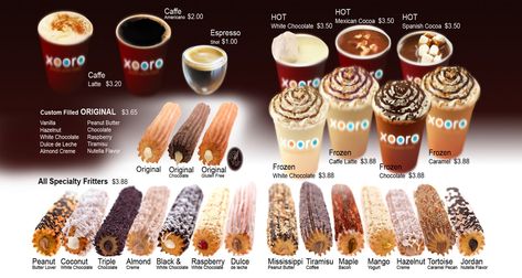 Churro Ideas, Churreria Ideas, Churro Dessert, Almond Creme, Mexican Snacks, Bakery Kitchen, Chocolate Creme, Fried Ice Cream, Bakery Display