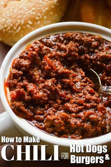 This Chili Recipe for Hot Dogs and Hamburgers is simple, quick, and loaded with flavor! The perfect chili for topping things. Chili Recipe For Hot Dogs, Venison Chilli, Best Hot Dog Chili Recipe, Hamburger Chili, Homemade Hot Dog Chili, Slow Cooker Venison, Hotdog Chili Recipe, Venison Chili, Hot Dog Sauce