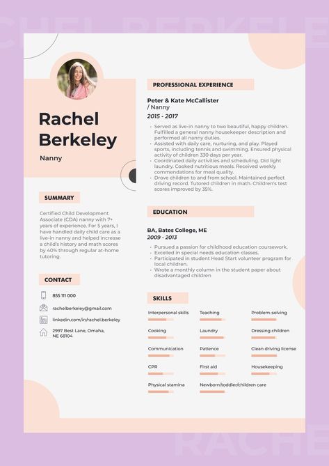 Nanny Resume Sample template Babysitting Resume, Nanny Resume, Being A Nanny, Scholarship Essay Examples, Skills Resume, Resume Summary Examples, Resignation Template, Word Skills, Job Resignation Letter