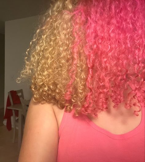 pink and blonde curly hair Honey Blonde Pink Peekaboo, Dyed Hair Pink And Brown, Cute Colors For Hair, Pink And Honey Brown Hair, Honey And Pink Hair, Dyed Hair Ideas Curly, Honey Blonde Pink Hair, Pink On Curly Hair, Hair Color Skunk Stripe