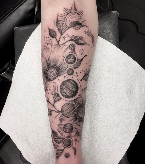 240+ Brilliant Science Tattoo Ideas and Designs (2023) - TattoosBoyGirl Planet Tattoos Sleeve, Solar System Half Sleeve Tattoo, Moon Phases Tattoo Sleeve, Space Themed Arm Sleeve, Science And Nature Tattoo, Cosmic Arm Tattoo, Solar System Leg Tattoo, Space Moon Tattoo, Flower Solar System Tattoo