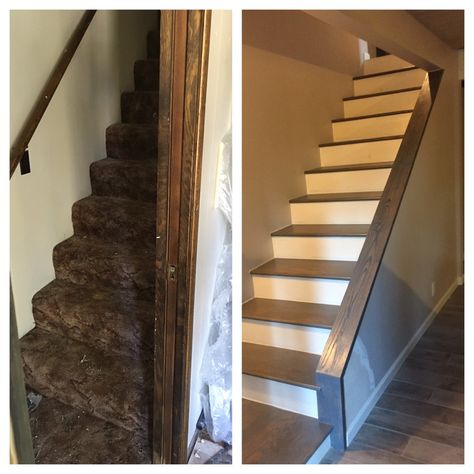 Before and after staircase opened up- added landing at the bottom and rebuilt staircase so it is less steep Open Staircase Before And After, Closed To Open Staircase Remodel, Opening Up A Staircase Before And After, Small Open Staircase Ideas, Opening A Closed Staircase, Open Up Basement Staircase, Steep Staircase Remodel, Open Enclosed Staircase, Staircase Makeover Before After