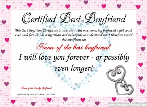 Show your boyfriend how much you adore him with a Certified Best Boyfriend Certificate. Sertifikat Best Boyfriend, Boyfriend Award Certificate Template, Best Boyfriend Award Certificate, Best Boyfriend Certificate, Boyfriend Certificate, Best Boyfriend Award, Diy Presents For Boyfriend, Funny Certificates, Certificate Of Recognition Template