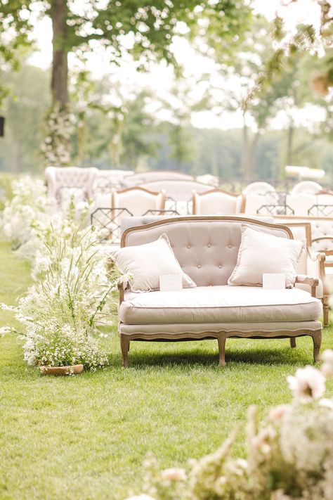 Ceremony Seating | Luxury Ceremony | green + White Ceremony Outdoor Ceremony Seating, White Ceremony, Nyc Florist, Ceremony Florals, Marriage Material, Reception Sofa, Metallic Wedding, Table Layout, Ceremony Design