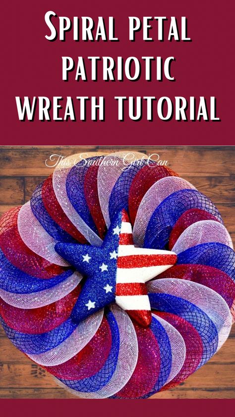 Easy patriotic wreath Independence Day Crafts, Patriotic Door Decorations, Patriotic Wreath Diy, Patriotic Mesh Wreath, Decorative Mesh Wreaths, Diy Deco Mesh Wreath, Deco Mesh Garland, Patriotic Flowers, Deco Mesh Wreaths Tutorials