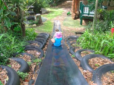 Slide In A Hill, Backyard Slide On Hill, Slide On A Hill, Slide In Hill, Homemade Playground, Hillside Slide, Landscaping Hillside, Built In Slide On Hill, In Ground Slide On Hill