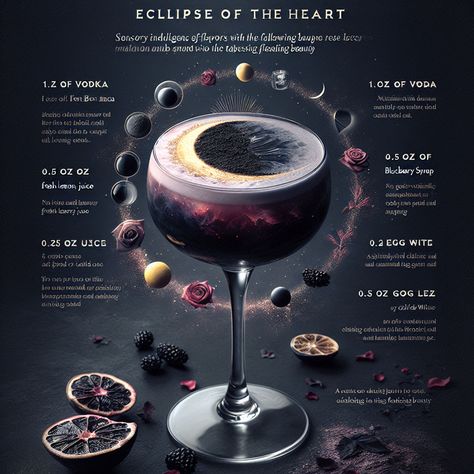 Eclipse of the Heart, A smooth, complex cocktail designed to numb the senses Cocktails Bar Design, Eclipse Cocktail Ideas, Gourmet Cocktails, Eclipse Cocktail, Creative Alcoholic Drinks, Unique Alcoholic Drinks, Date Night Cocktails, Bartender Drinks Recipes, Cocktail Design