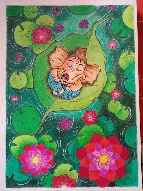 Ganesha Idol Painting, Devotional Drawings Easy, Indian God Drawing Easy, God Painting Indian Easy, Gods Drawing Sketch, Ganesha Drawing For Kids, Easy Ganesha Painting, Ganesha Doodle, Cute Ganesha Drawing